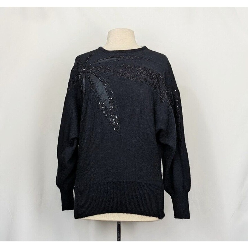 Vintage 80s Sweater Black Sequined Embellished Dolman Sleeve Women's Size M